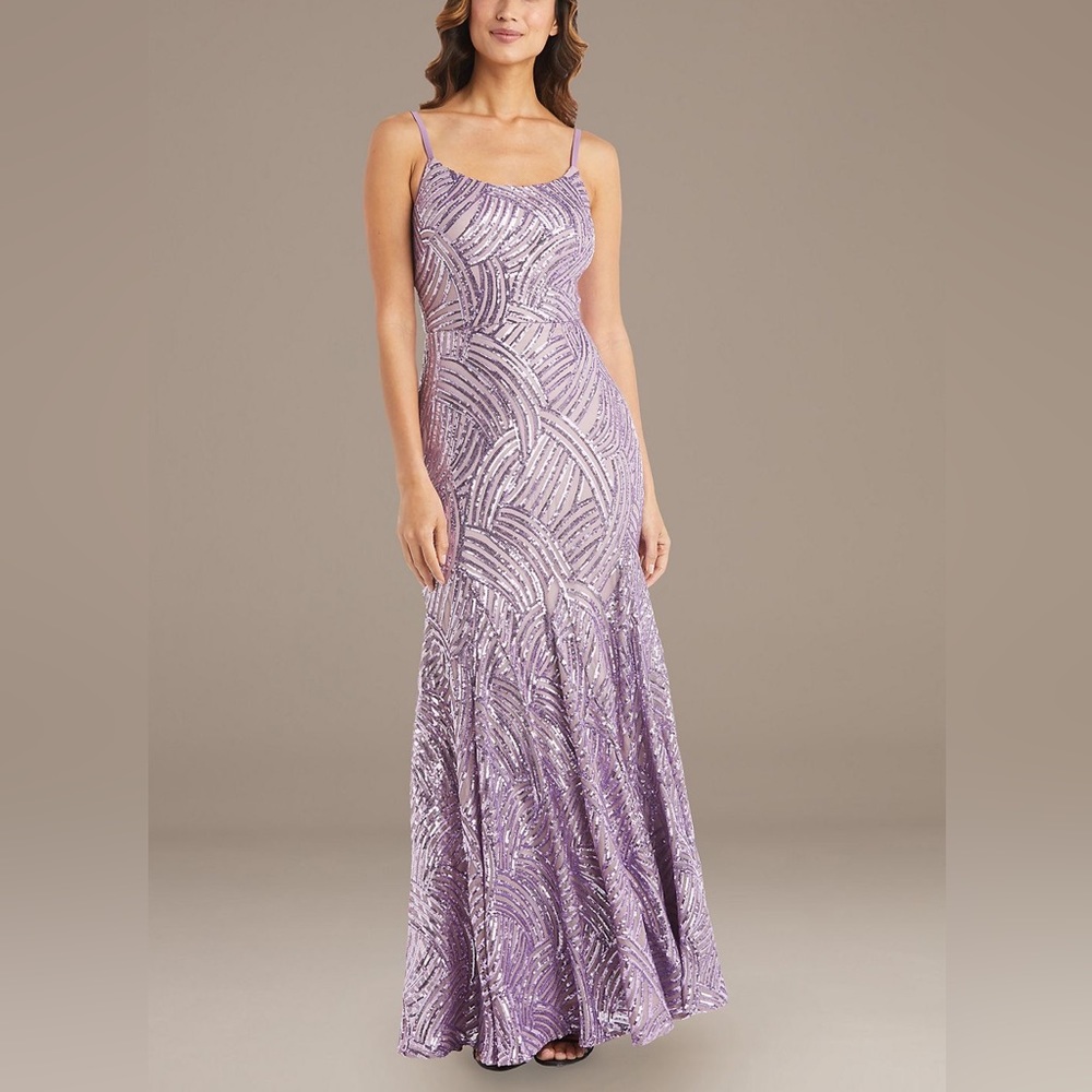 NEW DAVID’S BRIDAL SEQUIN LONG MERMAID WEAVE CORSET BACK LILAC DRESS PROM B